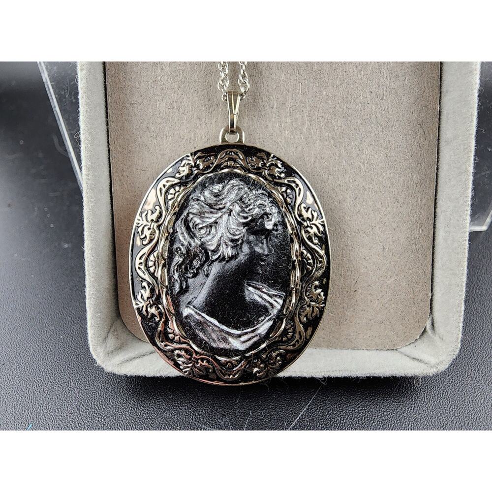 Silvertone Light Black Background Cameo Pendant Necklace